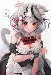 Rule 34 | 1girl, :q, absurdres, alternate costume, animal ear fluff, animal ears, apron, bare shoulders, black hair, black skirt, blush, bow, bowtie, breasts, cat ears, cat girl, cat tail, cleavage, closed mouth, commentary request, corset, detached collar, detached sleeves, ear piercing, enmaided, frilled apron, frills, hair ornament, hair ribbon, highres, hololive, kamimori kuuraku, kemonomimi mode, large breasts, looking at viewer, maid, maid headdress, medium hair, multicolored hair, piercing, plaid, plaid bow, plaid bowtie, red bow, red bowtie, red eyes, red ribbon, ribbon, sakamata chloe, short sleeves, silver hair, simple background, skirt, smile, solo, spoken sweatdrop, streaked hair, sweatdrop, tail, tail raised, tongue, tongue out, virtual youtuber, white apron, white background, wrist cuffs, x hair ornament
