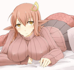 Rule 34 | 10s, 1girl, ayyh, bad id, bad pixiv id, breasts, covered erect nipples, hair ornament, hairclip, lamia, large breasts, long hair, long sleeves, looking at viewer, lying, miia (monster musume), monster girl, monster musume no iru nichijou, on bed, on stomach, pillow, pleated skirt, pointy ears, red hair, ribbed sweater, scales, simple background, skirt, smile, solo, sweater, turtleneck, white background, yellow eyes