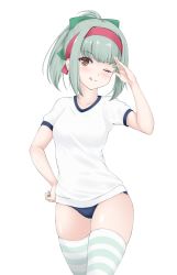 Rule 34 | 1girl, bad id, bad twitter id, blush, breasts, brown eyes, closed mouth, green hair, headband, highres, kantai collection, long hair, multicolored clothes, multicolored legwear, one eye closed, ponytail, red headband, shirt, simple background, smile, solo, striped clothes, striped thighhighs, thighhighs, twitter username, white background, white shirt, yuubari (kancolle), z5987