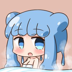 Rule 34 | 1girl, :d, bare shoulders, blue eyes, blue hair, blush, breasts, brown background, chibi, cleavage, collarbone, commentary request, double bun, hair bun, half slime-chan, hana kazari, long hair, looking at viewer, medium breasts, naked towel, open mouth, original, sidelocks, simple background, smile, solo, steam, towel