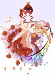 Rule 34 | 1girl, :d, absurdres, blonde hair, blush, crystal, flandre scarlet, flower, full body, hair between eyes, hat, highres, laevatein (touhou), leg up, looking at viewer, mob cap, one side up, open mouth, red eyes, red flower, red rose, rose, smile, solo, sora 223, touhou, wings