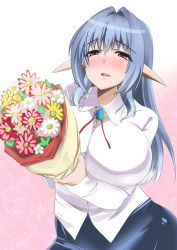 Rule 34 | 1girl, ashling (no-plan), blouse, blue hair, blue skirt, blush, bouquet, breasts, brooch, flower, highres, huge breasts, jewelry, kawasumi (ashling), long hair, long skirt, long sleeves, looking at viewer, open mouth, pointy ears, red eyes, shirt, skirt, white shirt