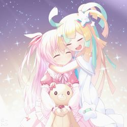 Rule 34 | 2girls, :d, ahoge, amakawa hano, bettle (b s a n), blonde hair, blue hair, blush, bow, dress, closed eyes, hair bow, hair ornament, highres, himekuma ribon, holding, holding stuffed toy, hug, light blue hair, long hair, long sleeves, multicolored hair, multiple girls, open mouth, pink bow, pink dress, pink hair, pink wristband, re:act, simple background, smile, star (symbol), star hair ornament, stuffed animal, stuffed toy, teddy bear, two-tone hair, virtual youtuber, white dress, wristband
