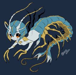Rule 34 | 1girl, ano5102, antennae, blue background, blue skin, breasts, colored skin, female focus, highres, isopod, monster girl, no nipples, original, red eyes, simple background, small breasts, smile, solo, twitter username
