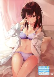 Rule 34 | 1girl, absurdres, artist name, bare shoulders, bed, bed sheet, bra, collarbone, frills, highres, indoors, long hair, long sleeves, manyako (mohumohu), off shoulder, one eye closed, open clothes, open mouth, open shirt, original, page number, panties, pillow, ribbon, scan, shirt, solo, star (symbol), star print, underwear, white shirt, yawning