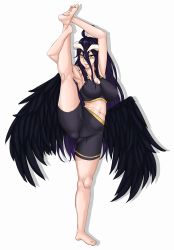 Rule 34 | 1girl, ahoge, albedo (overlord), armpits, barefoot, black hair, black wings, breasts, cleavage, closed mouth, collarbone, covered erect nipples, demon girl, feet, female focus, full body, gluteal fold, hair between eyes, highres, horns, large breasts, legs, long hair, low wings, midriff, navel, overlord (maruyama), ranox, shorts, simple background, slit pupils, smile, soles, solo, sports bra, sportswear, standing, toes, white background, wings, yellow eyes