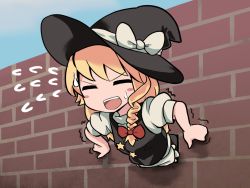 Rule 34 | 1girl, black hat, black skirt, black vest, blonde hair, blush, bow, braid, brick wall, commentary request, cookie (touhou), flying sweatdrops, fox eyes, hair bow, hat, hat bow, johnsmith, kirisame marisa, long hair, looking at viewer, open mouth, puffy short sleeves, puffy sleeves, red bow, short sleeves, side braid, single braid, skirt, solo, star (symbol), stuck, suzu (cookie), sweatdrop, teeth, through wall, touhou, trembling, upper body, upper teeth only, v-shaped eyebrows, vest, wall, white bow, witch hat
