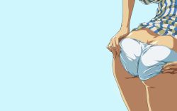 Rule 34 | 1girl, ass, ass grab, butt crack, female focus, horibe hiderou, panties, simple background, singlet, solo, tan, underwear, white panties
