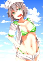 Rule 34 | 1girl, absurdres, beach, bikini, bikini under clothes, black hair, breasts, cloud, cloudy sky, cropped jacket, day, green bikini, green eyes, hand on own hip, highres, jacket, kotobuki (stealth sendan), large breasts, looking at viewer, murasa minamitsu, open clothes, open jacket, open mouth, outdoors, short hair, sky, smile, solo, stomach, sunlight, swimsuit, swimsuit under clothes, touhou, underboob