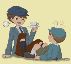 Rule 34 | 2boys, puff of air, anger vein, angry, arm support, black eyes, black footwear, blue headwear, blue jacket, blue necktie, blue socks, blue sweater, blush, brown hair, brown pants, cabbie hat, collared shirt, commentary request, cup, full body, future luke, green shorts, hand up, hat, highres, holding, holding saucer, jacket, kiwami (kiwamimuneko), knees up, long sleeves, looking at another, luke triton, magnifying glass, male focus, multiple boys, necktie, open clothes, open jacket, open mouth, pants, professor layton, professor layton and the unwound future, saucer, shirt, shoes, short hair, shorts, sitting, smile, socks, spoken anger vein, stained clothes, sweater, white shirt, white socks, yellow background