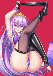 Rule 34 | 1girl, ass, bare shoulders, bb (fate), bb (fate) (all), bb (swimsuit mooncancer) (fate), bb (swimsuit mooncancer) (second ascension) (fate), bead bracelet, beads, bikini, black gloves, black thighhighs, blush, bracelet, breasts, earrings, fate/grand order, fate (series), feet, fingerless gloves, gloves, hair between eyes, hair ornament, hair ribbon, hairband, iro ame (amewaagada), jewelry, large breasts, leg up, legs, long hair, looking at viewer, nail polish, neck ribbon, purple bikini, purple eyes, purple hair, purple ribbon, red background, ribbon, shiny skin, simple background, smile, solo, star (symbol), star earrings, star hair ornament, swimsuit, thighhighs, thighs, toeless legwear, very long hair