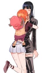 Rule 34 | 1boy, 2girls, antlers, bad id, bad twitter id, black dress, black footwear, black hair, blunt bangs, boots, closed eyes, commentary request, crop top, dress, hat, horns, hug, joman, korean commentary, loose hair strand, medium hair, miniskirt, multiple girls, nami (one piece), nico robin, one piece, orange hair, pants, person on back, pink headwear, purple pants, shoes, short dress, short hair, simple background, skirt, smile, standing, thigh boots, tony tony chopper, white background, white skirt
