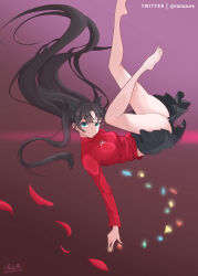 Rule 34 | 1girl, absurdres, ass, bare legs, barefoot, black hair, black ribbon, bow, breasts, commentary request, crystal, falling, fate/stay night, fate (series), floating hair, green eyes, hair bow, hair ribbon, highres, long hair, long legs, long sleeves, medium breasts, miniskirt, no legwear, petals, pink background, pleated skirt, red sweater, ribbon, rose petals, signature, skirt, smile, solo, sweater, tohsaka rin, twintails, twitter username, two side up, xing mi&#039;en
