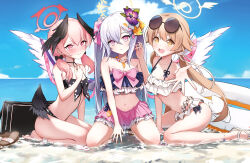 Rule 34 | 3girls, angel wings, azusa (blue archive), azusa (swimsuit) (blue archive), barefoot, beach, bikini, black bag, black bikini, black bow, black wings, blue archive, blush, bow, breasts, closed mouth, cropped, embarrassed, expressionless, flat chest, floral print, flower, frilled bikini, frills, front-tie bikini top, front-tie top, hair between eyes, hair bow, hair flaps, hair flower, hair ornament, hair over shoulder, halo, hand up, head wings, hifumi (blue archive), hifumi (swimsuit) (blue archive), highres, innertube, jewelry, kneeling, koharu (blue archive), koharu (swimsuit) (blue archive), light brown hair, long hair, looking at viewer, low twintails, low wings, multiple girls, navel, necklace, nzdwarf, official alternate costume, open mouth, outdoors, outstretched arm, peroro (blue archive), pink eyes, pink hair, pink halo, print bikini, ribbon, ribbon-trimmed bikini, sandals, sitting, small breasts, smile, spaghetti strap, strapless, strapless bikini, sunglasses, swim ring, swimsuit, twintails, unworn sandals, wariza, white bikini, white footwear, white hair, white wings, wings, yellow eyes, yellow halo