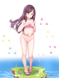 Rule 34 | 1girl, artist name, bikini, blush, bottomless, breasts, brown hair, closed mouth, collarbone, female focus, floral background, grass, groin, hitori bocchi, hitoribocchi no marumaru seikatsu, long hair, looking at viewer, navel, pink bikini, pussy, red eyes, sandals, simple background, small breasts, solo, swimsuit, white background, zet (zetart)