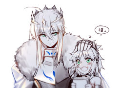 Rule 34 | 2girls, :d, aged down, armor, artoria pendragon (all), artoria pendragon (fate), artoria pendragon (lancer) (fate), blush, book, braid, cloak, crown, fang, fate/apocrypha, fate/stay night, fate (series), french braid, fur collar, fur trim, green eyes, headpat, holding, holding book, mordred (fate), mordred (fate/apocrypha), mother and daughter, multiple girls, open mouth, saber (fate), sidelocks, simple background, smile, speech bubble, spot color, yorukun