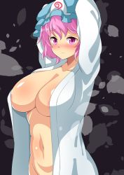 Rule 34 | 1girl, alternate costume, areola slip, arms behind head, arms up, belly, blush, breasts, cleavage, closed mouth, hat, highres, hitotsuki nebura, large breasts, long sleeves, looking at viewer, mob cap, naked shirt, navel, nose blush, one-hour drawing challenge, open clothes, open shirt, pink eyes, pink hair, saigyouji yuyuko, shirt, short hair, solo, stomach, touhou, triangular headpiece, white shirt
