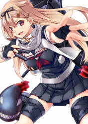 Rule 34 | 10s, 1girl, blonde hair, blurry, depth of field, fang, fingerless gloves, foreshortening, gloves, hair flaps, hair ornament, hairclip, kantai collection, long hair, outstretched arm, outstretched hand, red eyes, roten (rotenburo), scarf, skirt, smile, torpedo, uniform, yuudachi (kancolle)