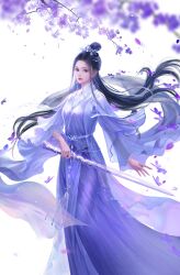 Rule 34 | 1girl, absurdres, against the gods, black hair, bracelet, bug, butterfly, chinese clothes, crescent moon, earrings, facial mark, flower, forehead mark, hair ornament, highres, holding, holding sword, holding weapon, huge moon, insect, jewelry, long hair, moon, official art, purple eyes, purple moon, solo, sword, weapon, white background, xia qingyue (against the gods)
