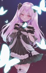 Rule 34 | 1girl, black bow, black choker, black dress, black wristband, blush, bow, bug, butterfly, center frills, choker, dress, earrings, flat chest, frilled dress, frilled thighhighs, frills, hair bow, highres, hololive, insect, jewelry, lace, lace choker, long hair, looking at viewer, nica (w66ror), official alternate costume, official alternate eye color, official alternate hair color, pink hair, red eyes, sidelocks, skull earrings, smile, solo, thighhighs, two side up, uruha rushia, uruha rushia (3rd costume), virtual youtuber, white thighhighs