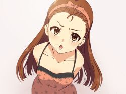 Rule 34 | 1girl, arms behind back, bare shoulders, bow, brown eyes, brown hair, collarbone, commentary, forehead, hairband, idolmaster, idolmaster (classic), long hair, looking at viewer, looking up, minase iori, open mouth, pink hairband, solo, yamakan (anking)