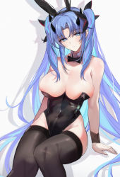 Rule 34 | 1girl, absurdres, animal ears, black bow, black bowtie, black hairband, black leotard, black thighhighs, blue eyes, blue hair, bow, bowtie, breasts, changpan hutao, covered navel, detached collar, facial mark, fake animal ears, fate/grand order, fate (series), forehead mark, hairband, highleg, highleg leotard, highres, ishtar (fate), large breasts, leotard, long hair, playboy bunny, rabbit ears, simple background, sitting, solo, space ishtar (astarte origin) (fate), space ishtar (fate), strapless, strapless leotard, thighhighs, traditional bowtie, two side up, very long hair, white background, wrist cuffs