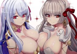 Rule 34 | 2girls, armlet, armor, b.d, bare shoulders, bikini armor, blue hair, blush, body markings, breasts, cleavage, collar, collarbone, colored inner hair, durga (fate), earrings, fate/grand order, fate (series), grey hair, hair ribbon, highres, jewelry, kama (fate), large breasts, long hair, looking at viewer, metal collar, multicolored hair, multiple girls, red eyes, revealing clothes, ribbon, smile, snake, sparkle, two-tone hair, white hair