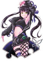 Rule 34 | 1girl, alternate eye color, arm up, armpits, badge, bane mk-2, black hair, black jacket, black ribbon, black shirt, blouse, blunt bangs, breasts, button badge, closed mouth, commentary request, cowboy shot, crop top, cropped legs, cross-laced clothes, cross-laced sleeves, demon girl, demon horns, demon tail, green eyes, heart, heart print, highres, horns, jacket, kojo anna, kojo anna (1st costume), leg ribbon, long hair, long sleeves, looking at viewer, medium breasts, midriff, multicolored hair, nanashi inc., navel, oekaki, off shoulder, open clothes, open jacket, pointy ears, print shirt, purple hair, purple thighhighs, ribbon, russian text, see-through, see-through shirt, shirt, single thighhigh, sleeveless, sleeveless shirt, smile, solo, star (symbol), sugar lyric, tail, thigh strap, thighhighs, twintails, two-tone hair, virtual youtuber, white background, zipper
