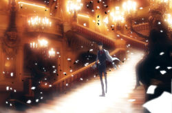 Rule 34 | 1boy, arsene lupin iii, bad id, bad pixiv id, chandelier, confetti, faddawdle, formal, gloves, highres, indoors, lupin iii, male focus, mask, parody, phantom of the opera, solo, stairs, suit, wallpaper