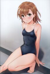 Rule 34 | 1girl, absurdres, bare shoulders, barefoot, blush, breasts, brown eyes, brown hair, closed mouth, collarbone, feet, foot out of frame, hair ornament, highres, isshi pyuma, legs, lips, looking at viewer, misaka mikoto, one-piece swimsuit, scan, shiny skin, small breasts, solo, swimsuit, thighs, toaru kagaku no railgun, toaru majutsu no index, toenails, toes