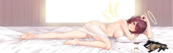 Rule 34 | 1girl, arknights, ass, barefoot, bed, bed sheet, breasts, bullet, chinese commentary, closed mouth, commentary request, covering privates, covering ass, covering crotch, day, detached wings, exusiai (arknights), full body, gun, halo, indoors, jiushi shijiu, licking lips, looking at viewer, lying, machine gun, medium breasts, naked sheet, nude, on side, orange eyes, partial commentary, pillow, red hair, short hair, smile, solo, sunlight, thighs, tongue, tongue out, v, weapon, window, wings