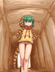Rule 34 | 1girl, angry, animal hoodie, blush, bottomless, bow, bowtie, breasts, brown hoodie, cleft of venus, from below, gouchin (nyou-tou), green eyes, green hair, hands in pockets, hood, hood up, hoodie, kemono friends, long sleeves, looking at viewer, looking down, pussy, red neckwear, short hair, small breasts, snake girl, snake hood, snake tail, striped clothes, striped hoodie, tail, tsuchinoko (kemono friends), tunnel, walking, yellow hoodie