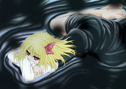Rule 34 | 1girl, barefoot, blonde hair, darkness, dress, embodiment of scarlet devil, female focus, gld-sakky, hair ribbon, highres, jpeg artifacts, lying, on stomach, red eyes, ribbon, rumia, short hair, solo, tears, touhou