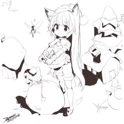 Rule 34 | 1girl, animal ears, bag, character request, christmas, closed mouth, dress, ejami, fairy, hat, heart, heart hands, house, league of legends, long hair, looking at viewer, lulu (league of legends), monochrome, pix (league of legends), skirt, smile, snow, thighhighs