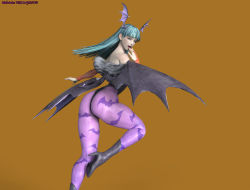 Rule 34 | 1girl, 3d, absurdres, ass, back, bare shoulders, bat wings, demon girl, fangs, female focus, green hair, head wings, high heels, highres, hip focus, huge ass, legs, leotard, licking, licking hand, long hair, looking at viewer, looking back, morrigan aensland, naughty face, simple background, solo, the majestic, thick thighs, thighs, tongue, tongue out, vampire (game), wide hips, wings, yellow background