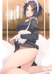 Rule 34 | 1girl, alternate costume, apron, bare legs, black dress, blue hair, bottomless, breasts, clothes lift, dress, enmaided, gloves, hayami kanade, heart, highres, idolmaster, idolmaster cinderella girls, indoors, jjune, kneeling, large breasts, lifting own clothes, looking at viewer, looking back, maid, maid headdress, naughty face, no panties, on bed, short hair, signature, skirt, skirt lift, smile, solo, white apron, white gloves, yellow eyes