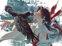 Rule 34 | 1girl, aihara-rina, bird, bow, brown eyes, brown hair, crow, detached sleeves, food, hair bow, hakurei reimu, highres, looking at another, meat, nontraditional miko, open mouth, red bow, red shirt, shared food, shirt, solo, touhou, white sleeves