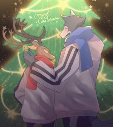 Rule 34 | 2boys, ^ ^, anger vein, angry, antlers, beastars, black nails, blank eyes, blue scarf, blush, box, christmas lights, christmas ornaments, christmas tree, closed eyes, coat, cowboy shot, deer boy, closed eyes, facing another, facing to the side, from behind, furry, furry male, gift, gift box, glowing, hand up, happy, highres, horn ornament, horns, legoshi, long sleeves, louis (beastars), male focus, matching outfits, merry christmas, multiple boys, nail polish, profile, reaching, red scarf, scarf, star (symbol), suda-rinrinko, white coat, winter clothes, wolf boy