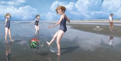 Rule 34 | 1boy, 3girls, ball, barefoot, beach, beachball, blue eyes, blunt bangs, bottle, bracelet, brown hair, cloud, english text, hair ornament, highres, jewelry, kicking, knees together feet apart, looking at viewer, looking away, looking to the side, medium hair, multiple girls, murata range, one-piece swimsuit, open mouth, original, ponytail, red hair, reflection, sand, scrunchie, shadow, short hair, shorts, splashing, standing, standing on one leg, swimsuit, twintails, watermelon beachball