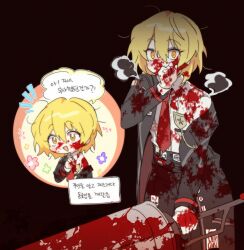 Rule 34 | 1girl, bbunny, black background, black coat, black pants, blonde hair, blood, blood on clothes, blood on face, chibi, coat, collared shirt, don quixote (project moon), holding, holding polearm, holding weapon, lance, limbus company, messy hair, necktie, open mouth, pants, polearm, project moon, red necktie, shirt, short hair, smile, weapon, white shirt, yellow eyes