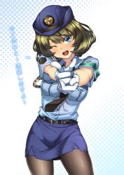 Rule 34 | 10s, 1girl, ;d, aiguillette, bad id, bad pixiv id, belt, black pantyhose, blue eyes, blush, breasts, brown hair, female service cap, gloves, hat, idolmaster, idolmaster cinderella girls, looking at viewer, mole, mole under eye, necktie, one eye closed, open mouth, pantyhose, pencil skirt, pointing, pointing at viewer, police, police hat, police uniform, policewoman, shirokuma a, skirt, smile, solo, takagaki kaede, teeth, translated, uniform, white gloves