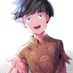 Rule 34 | 1boy, :d, altorav, artist name, black eyes, black hair, bowl cut, brown shirt, dirty, dirty face, gradient background, kageyama shigeo, male focus, mob psycho 100, open mouth, outstretched hand, shirt, simple background, smile, torn clothes, upper body