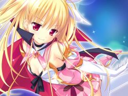 Rule 34 | 1girl, blonde hair, breasts, cape, cleavage, detached collar, elbow gloves, gloves, hair ornament, himemiya hiori, kneehighs, long hair, magical girl, non-web source, official art, pink skirt, red eyes, ribbon, skirt, small breasts, socks, solo, stella exes codex ~tasogare no himekishi~, stellula eques, white ribbon