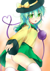 Rule 34 | 1girl, aqua hair, ass, bow, chestnut mouth, gradient background, green eyes, hat, hat bow, heart, heart of string, komeiji koishi, long sleeves, niiya, open mouth, panties, shirt, skirt, solo, thighhighs, third eye, touhou, underwear, upskirt, white panties, white thighhighs, wide sleeves