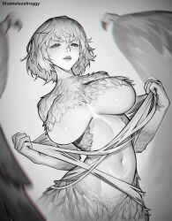 Rule 34 | 1girl, artist name, breasts, chimera, constricted pupils, dungeon meshi, falin touden, falin touden (chimera), feathered wings, greyscale, highres, large breasts, looking at viewer, midriff, monochrome, monster girl, navel, parted lips, scales, shamelessfroggy, short hair, simple background, slit pupils, solo, taur, unfinished, wings