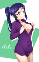 Rule 34 | 10s, 1girl, blue hair, blush, breasts, buttons, character name, cleavage, dress shirt, highres, large breasts, long hair, looking at viewer, love live!, love live! sunshine!!, matsuura kanan, naked shirt, open clothes, open shirt, ponytail, purple eyes, purple shirt, shirt, solo, surfing orange