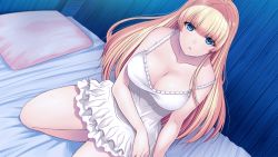 Rule 34 | 1girl, bare arms, bare legs, bare shoulders, bed, blonde hair, blue eyes, breasts, cleavage, collarbone, dutch angle, eyebrows, game cg, indoors, janne la pucelle, large breasts, long hair, looking at viewer, pillow, sagara riri, sitting, solo, tokeidai no jeanne: jeanne &agrave; la tour d&#039;horloge