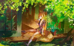 Rule 34 | absurdres, animal ear fluff, animal ears, commission, cup, fern, flower, fox, fox ears, fox tail, grass, highres, japanese clothes, jika-tabi, kimono, licking lips, looking at viewer, ookami ciro, orange hair, original, picture frame, plant, porch, potted plant, purple eyes, purple kimono, roots, short hair, short kimono, sitting, sliding doors, socks, tabi, tail, teacup, tongue, tongue out, tree