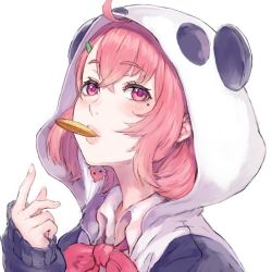 Rule 34 | 1girl, ahoge, animal costume, animal hood, blush, bow, bowtie, collarbone, commentary request, cookie, crossed bangs, earrings, fingernails, food, food in mouth, hair between eyes, hair ornament, hairclip, hand up, hood, hood up, jewelry, lips, long sleeves, looking at viewer, mole, mole under eye, mouth hold, multicolored hair, nijisanji, panda costume, pink eyes, pink hair, red bow, red bowtie, sasaki saku, sasaki saku (1st costume), shirt, short hair, shu-mai, simple background, single earring, sleeves past wrists, solo, streaked hair, underwear, upper body, virtual youtuber, white background, white hair, white shirt, wing collar