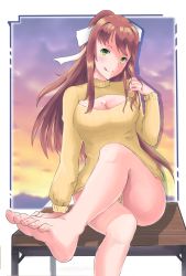 Rule 34 | 1girl, artist request, barefoot, breasts, brown hair, cleavage, crossed legs, doki doki literature club, feet, foot focus, green eyes, highres, licking lips, long hair, looking at viewer, monika (doki doki literature club), ponytail, pov, sitting, soles, source request, sweater, toes, tongue, tongue out